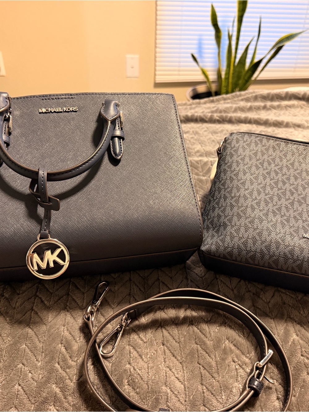 Michael Kors Navy Saffiano Leather Satchel with Monogram Crossbody Pouch
